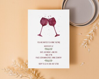 May include: A white invitation card with a watercolour illustration of two wine glasses clinking. The text reads: "You are invited to a wine tasting hosted by Liz. Date: Saturday, June 11th. Time: 12 PM. Place: 1234 Main Street, Wine Country. RSVP to Liz at 288-487-2788."