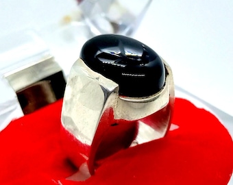 Handmade Black Onyx Agate Ring: 925 Sterling Silver Statement Ring