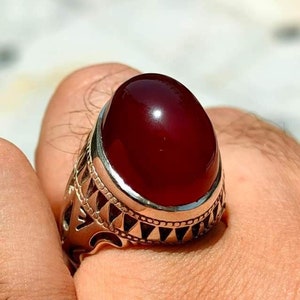 Best Quality Natural Yemeni Aqeeq Ring, Red Agate Gemstone in Handmade 925 Sterling Silver Ring for Men.