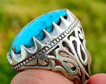 Very Beautiful Natural Blue Shajri Feroza Ring, Turquoise Gemstone in 925k Sterling Silver Ring for Men.