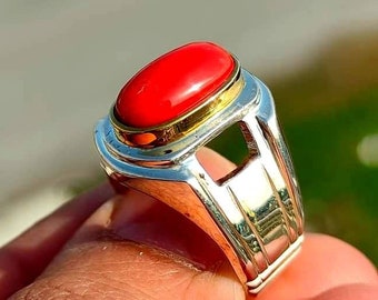 Handmade Sterling Silver Coral Ring - Antique Style Mens Ring