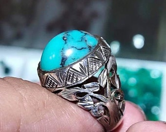 Natural Shajri Feroza Ring, Shajri Turquoise Ring, Handmade 925k Sterling Silver Ring.