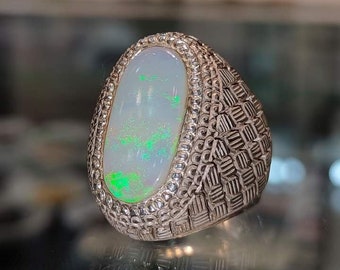 Natural Pure Australian OPAL with Full Embroidery in Handmade 925 Sterling Silver Ring For Men.