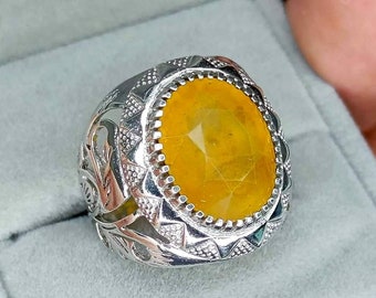 Natural African heated Yellow Sapphire Ring Men| Pukhraj Ring for Men| Handmade 925k Sterling Silver Ring.
