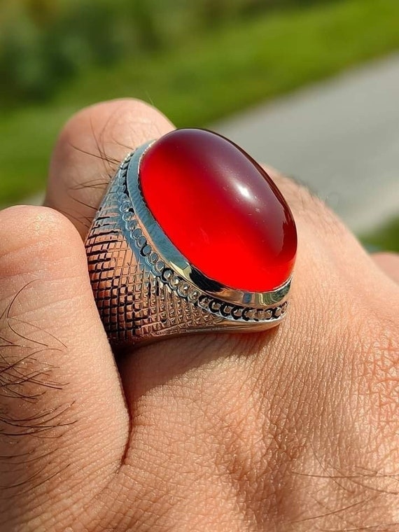 Natural Red Yemeni Agate Ring Yemeni Aqeeq Ring Gemstone in