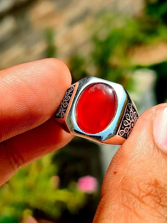 Very Natural Red AGATE surkh Aqeeq With Beautiful Embroidery in Handmade 925 Sterling Silver Ring for Men Women. Etsy Canada