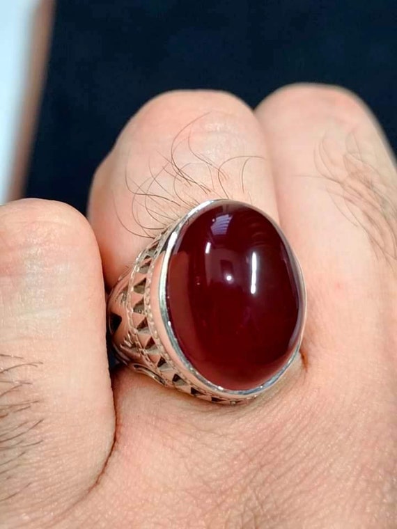 Real Pure Sterling Silver Ring 925 For Men Natural Red Agate Aqeeq Stone |  eBay