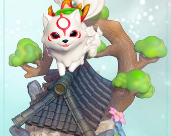 Chibi Amaterasu Diorama from Okami -Home Decor Statues - Collectible 3d printed statues - Unpainted and Painted Versions Available!