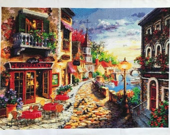 Finished Completed Cross Stitch Picture | Romantic Town City Landscape Scenery | Hand Stitched | House warming Gift | Decorative Embroidery