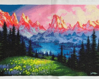 Finished Completed Cross Stitch | Mountain Sunset Landscape Scenery | Handmade | Housewarming Gift | Decoration | Embroidery | Wall art