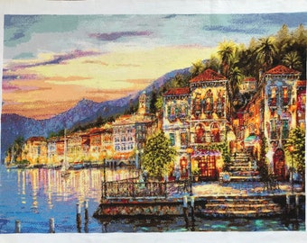 Finished Completed Cross Stitch Picture | Sunset Harbour Town Landscape Scenery |Hand Stitched | House warming Gift | Decorative Embroidery