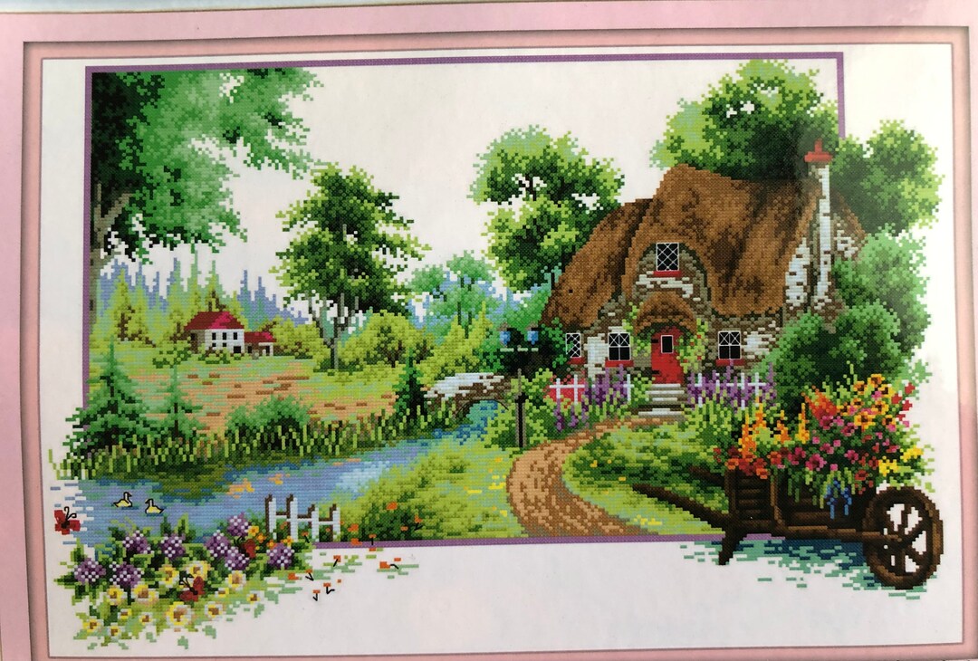 Stamped Cross Stitch Printed Embroidery Riverside Cottage Lakeside