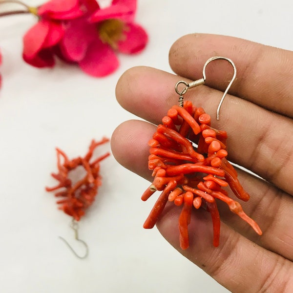 Red Coral Branch Earrings-Red Stone Earrings-92.5 Silver Gemstone Jewelry-Coral Statement Earring-Coral Reef Earring-Red Coral and Silver