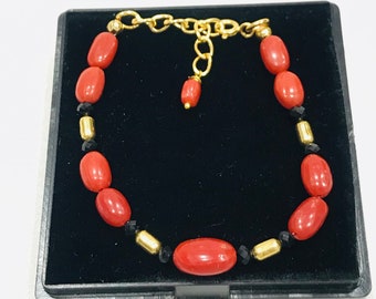 Red Coral & Black Spinel Bracelet-Gold Plated Bracelet-Red Coral Adjustable Bracelets-Handmade Red Coral beads Bracelet-Vintage Jewelry-HM3