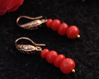 Natural Red Coral Gold plated Earrings-Drops Earrings-Round Coral Handmade Earrings Jewelry-Coral Beads Earring-Long Coral Dangle Earrings-