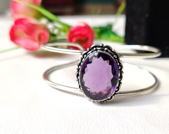 Natural Amethyst Faceted Bracelet-Purple Amethyst Designer Bracelet-Cuff Bangle-Handmade Silver Bracelet Jewelry-Adjustable Bracelet-