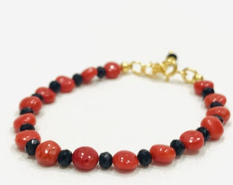 Natural Red Coral Black Spinel Gold Plated Bracelet-Red Coral Adjustable Bracelets-Handmade Red Coral beads Bracelet-Vintage Jewelry-T1045