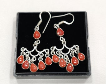 Beautiful Red Coral Dangle Earrings-Red Coral Drop Earrings-Silver Gemstone Jewelry-Coral Statement Earring-Coral Cab Earring- boho jewelry-