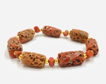 Red Coral Stretchable Bracelets-Gold Filled Brass Bracelet-Coral Beads Bracelet-Handmade Coral beads Bracelet-Vintage Jewelry-Gift For Her