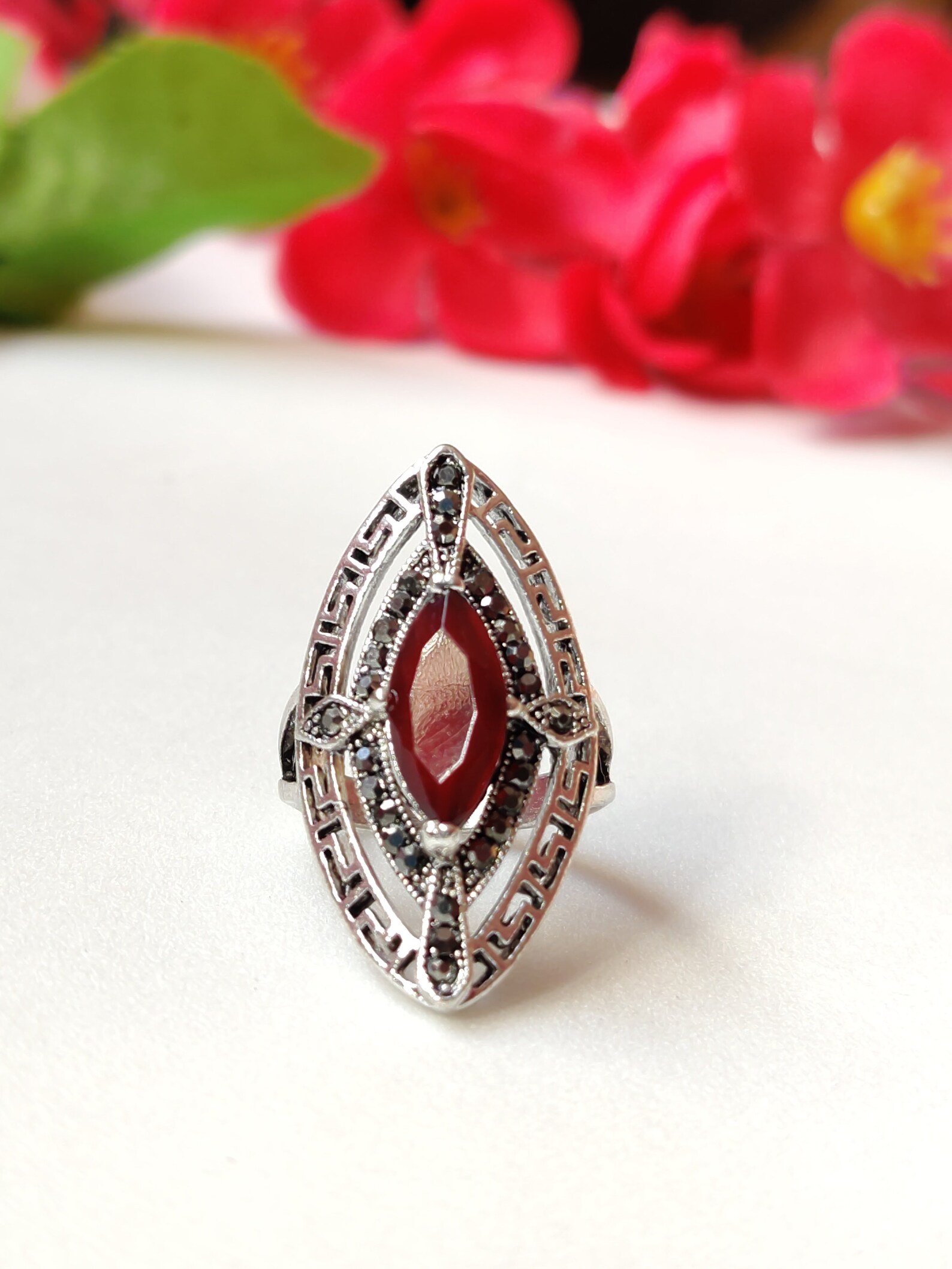 Red Stone Finger Ring Gemstone Rings Simple Band Ringsilver Etsy