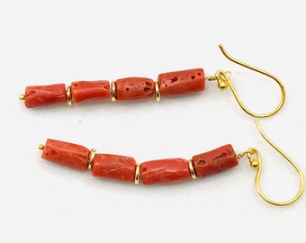 14 k Gold plated And Natural Red Coral Earrings-Handmade Earring-Gemstone Jewelry-Coral Statement Earring-Coral Beads Earring-Red Coral