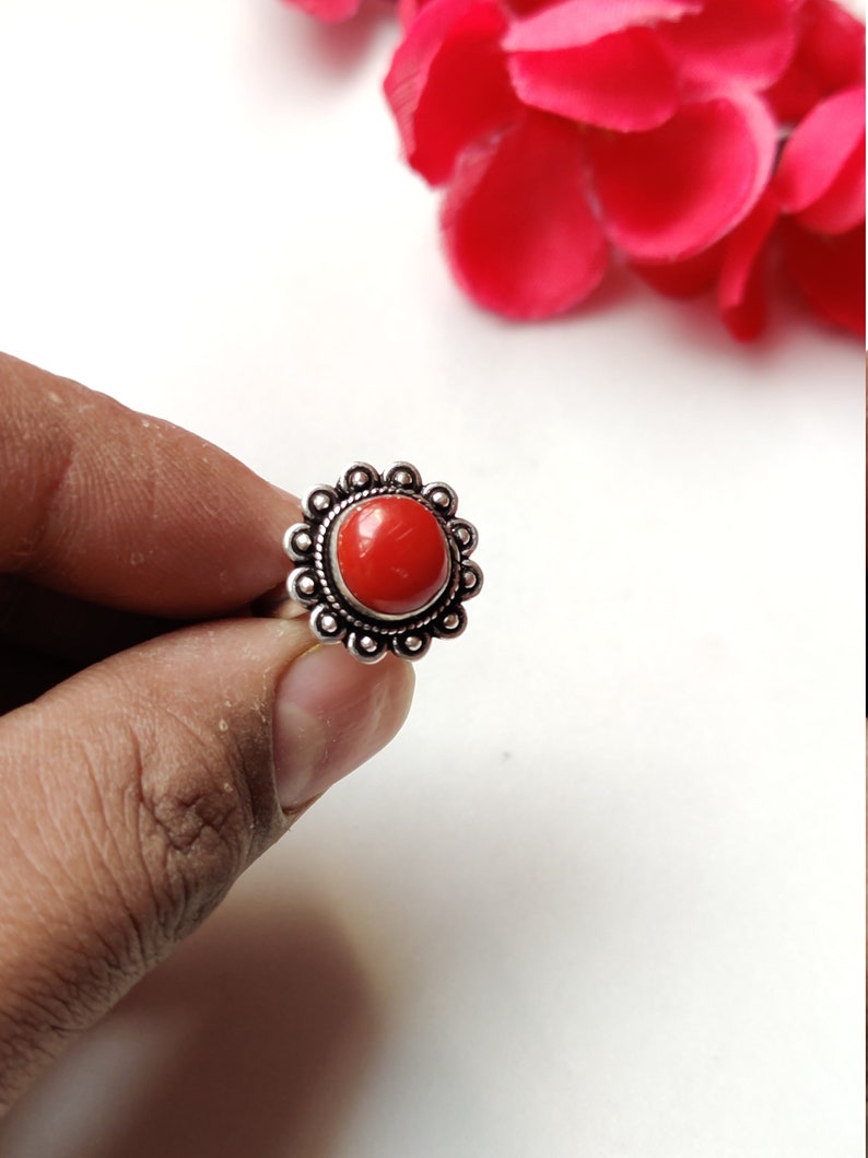 Oxidized German Silver Ring Coral Nepali Jewelry Gemstone Ring Red Coral Ring Genuine Coral Beautiful Ring Gemstone adjustable Ring