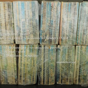 Könnte beinhalten: Ein Stapel von 120 Vintage-Magazinen von Reader's Digest aus den 1950er und 1960er Jahren, in Plastik verpackt. Die Magazine sind in Spanisch und nach Jahren geordnet. Der Text auf der Vorderseite des Stapels lautet "Decada 1950 - 1960 Revistas Vintage Selecciones del Reader's Digest 12 ejeplares por año - magazine per year 10 años - years 120 Revistas - magazine mamutbazaar"