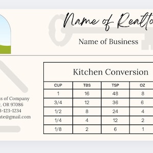 May include: A cream-colored business card with a key graphic and a kitchen conversion chart. The chart converts cups to tablespoons, teaspoons, ounces, and milliliters. The card also includes contact information and a landscape graphic.