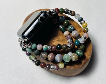 Indian Agate beads women’s Apple Watch band multi strand stretchy 6mm & 8mm beads