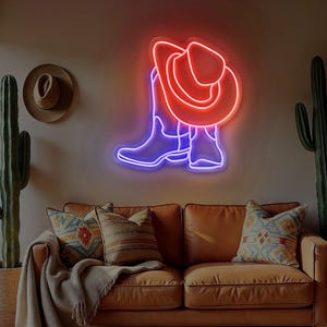 Neon Sign Cowboy Boot, LED Cowboy Hat and Boot Sign, Western Cowboy Hat Light, LED Cowboy Shoe Neon Light, Cowboy Boot And Hat Neon Sign