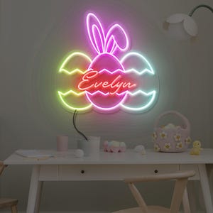 Letrero de neón de Pascua personalizado: luz LED de conejito y huevo, decoración de fiesta de Pascua personalizada, arte de pared festivo para habitación de niños, regalo de Pascua único 2025