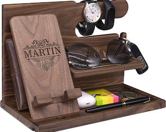 May include: A wooden organizer with compartments for a phone, watch, sunglasses, keys, and other small items. The organizer is personalized with the name "MARTIN" and the text "You are loved".