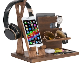 Solid Wood Desk Organizer: Nightstand Docking Station, Headphone Stand