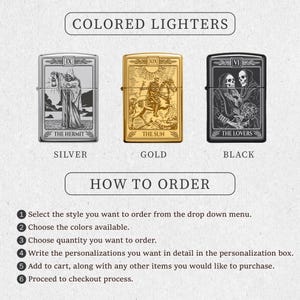 May include: Image of three colored lighters: silver with "The Hermit" tarot card design, gold with "The Sun" tarot card design, and black with "The Lovers" tarot card design. Text reads "Colored Lighters" and "How to Order" with ordering instructions.