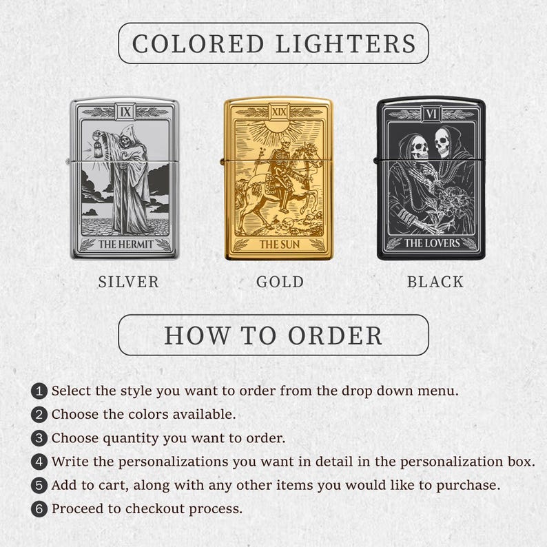 May include: Image of three colored lighters: silver with "The Hermit" tarot card design, gold with "The Sun" tarot card design, and black with "The Lovers" tarot card design. Text reads "Colored Lighters" and "How to Order" with ordering instructions.