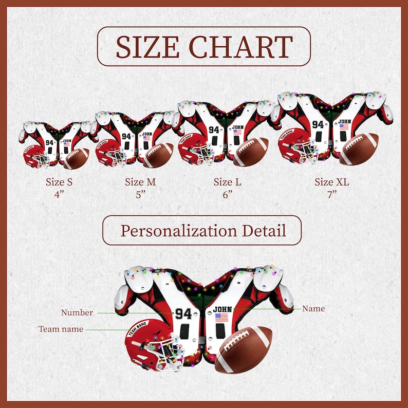 K&ouml;nnte beinhalten: Eine Gr&ouml;&szlig;entabelle f&uuml;r Football-Schulterpolster, Helme und Fu&szlig;b&auml;lle. Die Tabelle zeigt die Gr&ouml;&szlig;en S (10 cm), M (13 cm), L (15 cm) und XL (18 cm). Das Bild zeigt auch Personalisierungsdetails f&uuml;r Nummer, Teamname und Name.