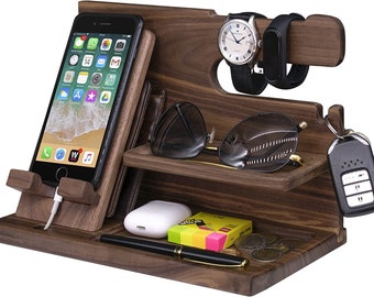 Walnut Phone Docking Station - Handmade Nightstand Organizer, Desk Organizer - Birthday, Anniversary, Christmas Gifts Idea for Men, Women