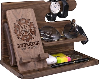 Personalized Firefighter Gift: Handmade Walnut Nightstand Organizer