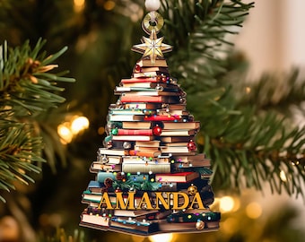 Personalisierte Bücherstapel-Weihnachtsverzierung - individuelles Geschenk für Leser