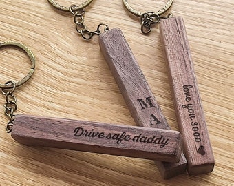 Personalized Wood Bar Key Chain - 4 Sided Engraved Keychain for NewHome Car, Gift for Mom Dad Grandpa Husband From Kids, Valentines Day Gift