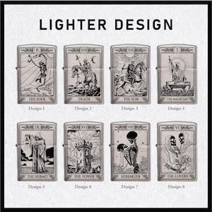 May include: A collection of eight silver-colored lighters, each featuring a different tarot card design. The designs include "The Fool," "Death," "The Sun," "The Magician," "The Hermit," "The Tower," "Strength," and "The Lovers." The text "LIGHTER DESIGN" is at the top.