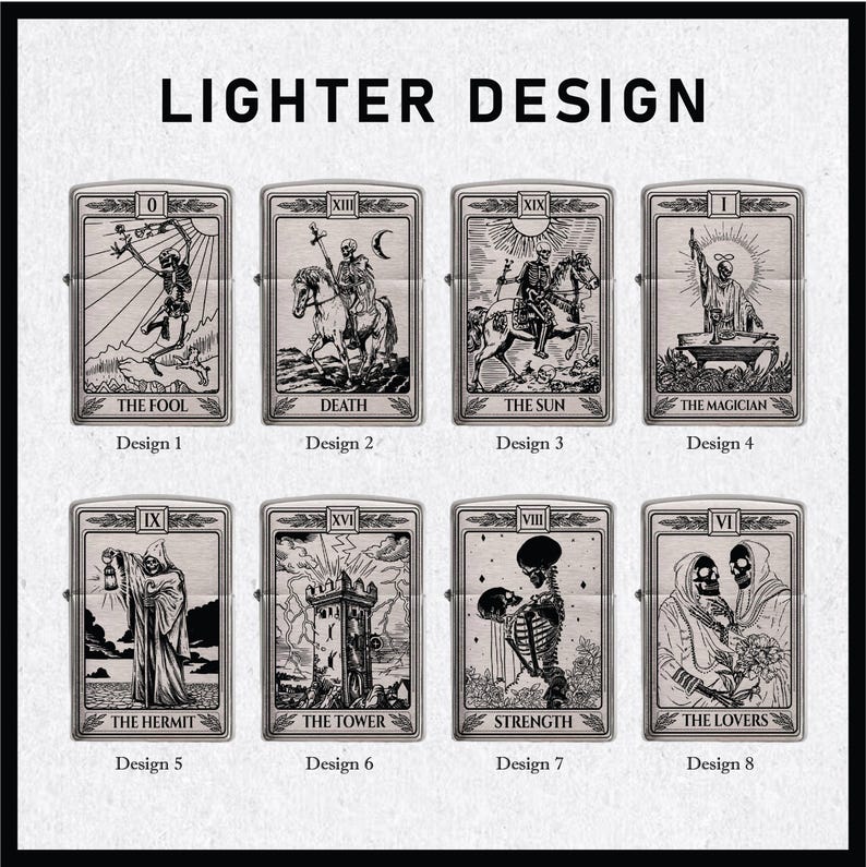 May include: A collection of eight silver-colored lighters, each featuring a different tarot card design. The designs include "The Fool," "Death," "The Sun," "The Magician," "The Hermit," "The Tower," "Strength," and "The Lovers." The text "LIGHTER DESIGN" is at the top.