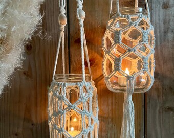 Romantische Makramee Windlichter für Haus  und Garten, Makramee Deko, Boho Wohnzimmer, Wohnzimmer Deko, Kleine Geschenke, Zimmer Deko