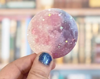 Adesivo holográfico brilhante de lua rosa, decalque lunar completo para laptop, garrafa de água, celestial.