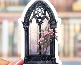 Gothic Cathedral Window Rose Sticker, Dark Academia Floral Decal, Goth Romance Pink Roses