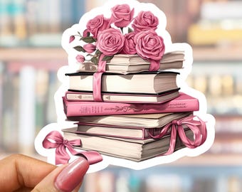 Pink Roses Ribbon Bow Book Stack Sticker, Romantic Floral Books Decal, Coquette, Cottagecore