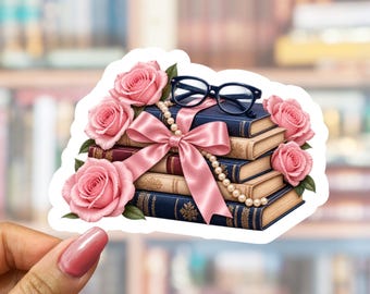 Floral Book Stack Sticker, Pik Roses Book Bundle Decal for Car, Tumbler, Laptop, Planner