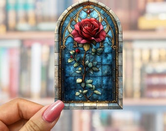 Adesivo de vitral com rosa vermelha, adesivo de catedral gótica, adesivo de janela gótica, adesivo de fantasia, medieval, gótico, romance sombrio