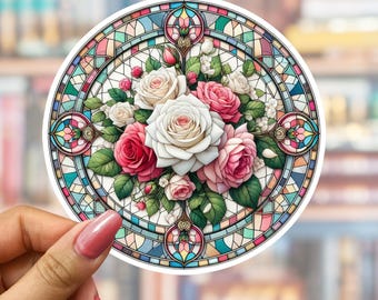 Pink Roses Stained Glass Sticker, Vintage Floral Decal, Flowers, Spring, Cottagecore, Laptop, Water Bottle