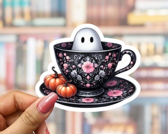 Ghost Floral Teacup Sticker, Gothic Vinyl Decal, Witchy, Witch